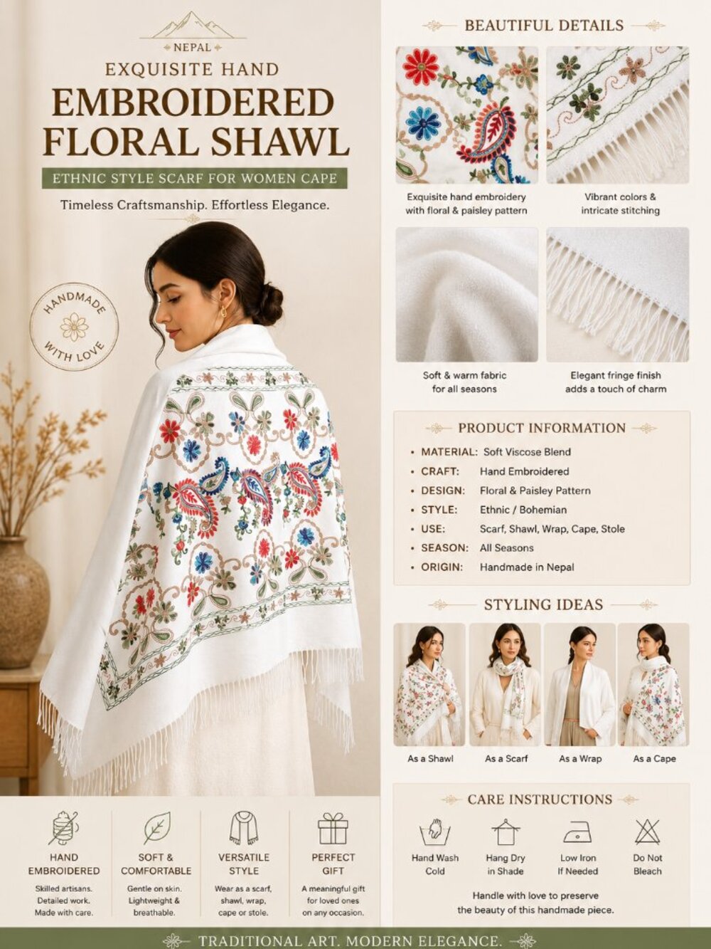 Nepal Exquiste Hand Embroidered Floral Shawl Ethnic Style Scarf for Women Cape